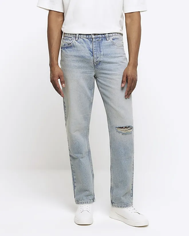 River Island straight fit ripped jeans Blue Discount