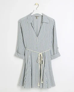 River Island stripe tie waist mini shirt dress Blue Sale
