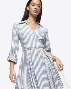 River Island stripe tie waist mini shirt dress Blue Sale