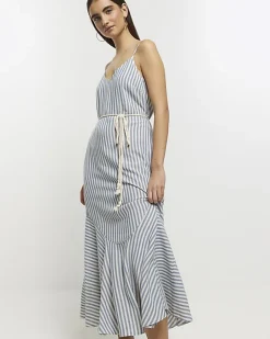 River Island stripe tie waist slip midi dress Blue Sale
