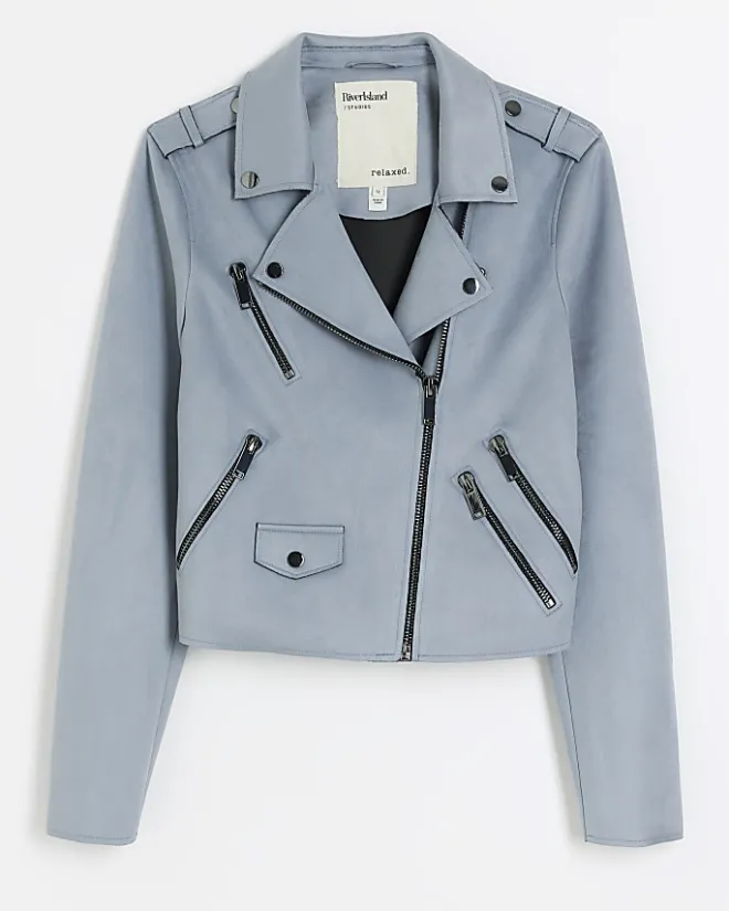River Island suedette crop biker jacket Blue Fashion