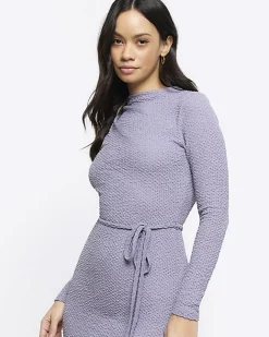 River Island textured belted bodycon midi dress Blue Fashion
