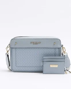 River Island weave boxy cross body bag Blue Outlet