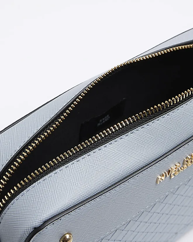 River Island weave boxy cross body bag Blue Outlet