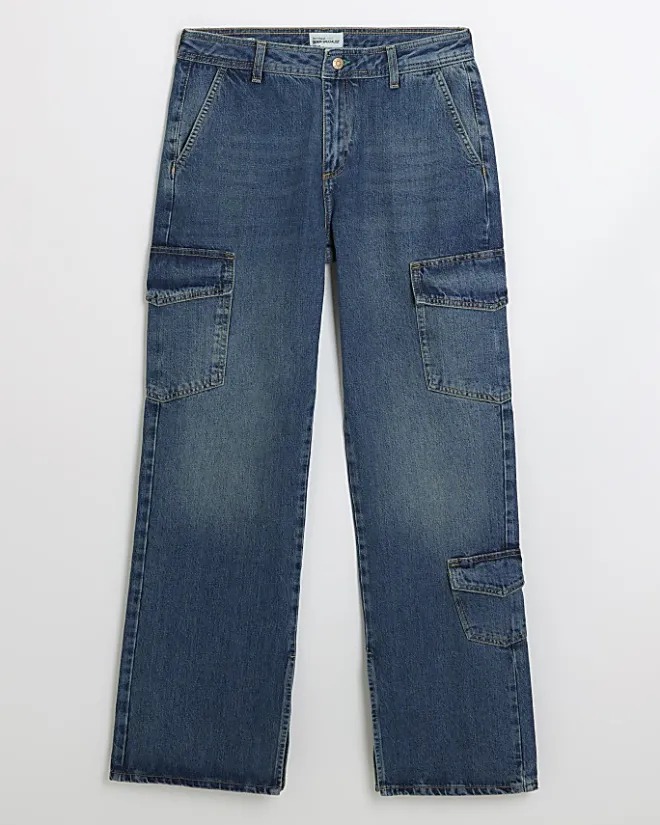 River Island wide leg cargo jeans Blue Clearance