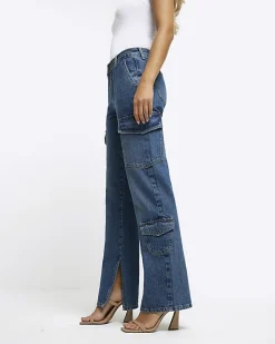 River Island wide leg cargo jeans Blue Clearance