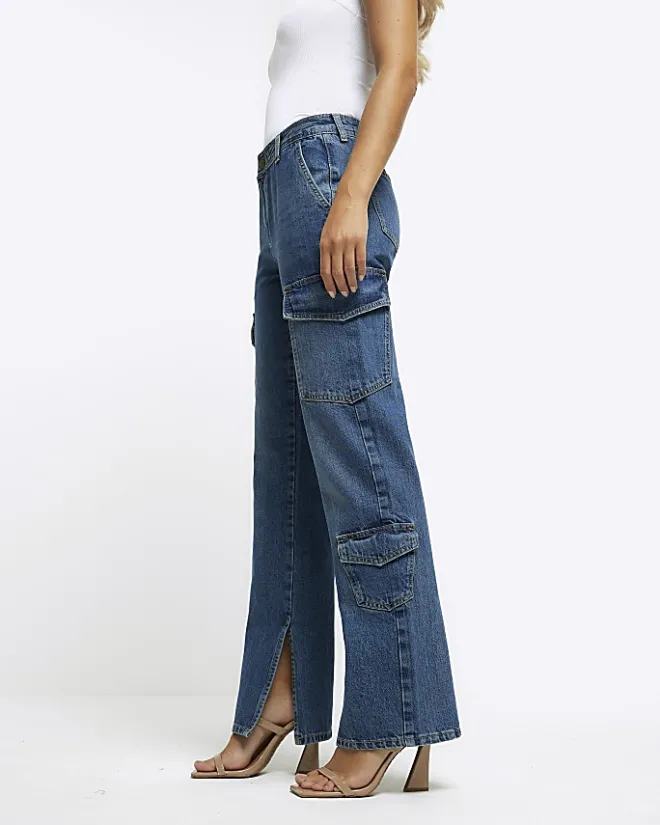 River Island wide leg cargo jeans Blue Clearance