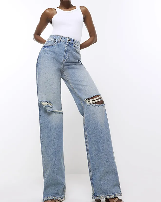 River Island wide leg ripped jeans Blue Discount
