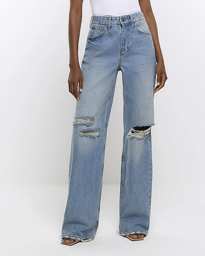 River Island wide leg ripped jeans Blue Discount