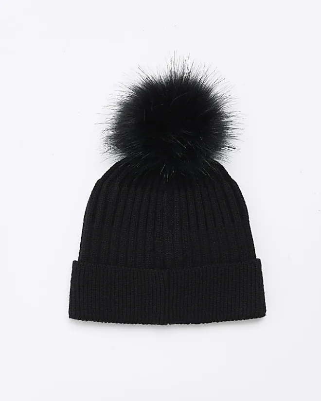 River Island Boys Pom Pom Beanie Hat Black Outlet
