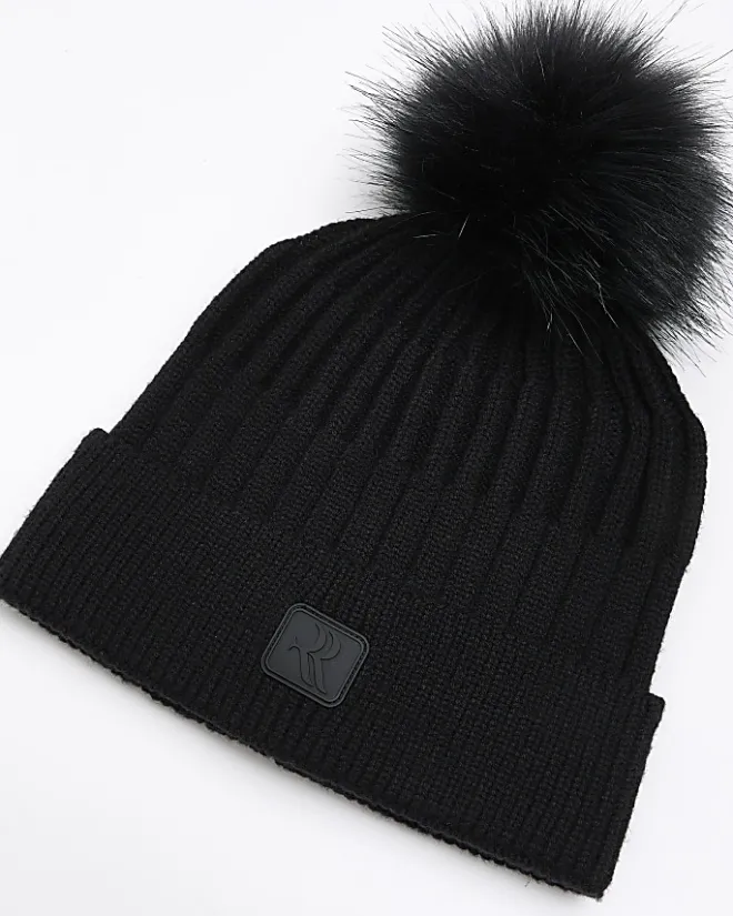 River Island Boys Pom Pom Beanie Hat Black Outlet