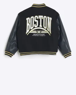 River Island Boys embroidered varsity bomber jacket Navy Fashion