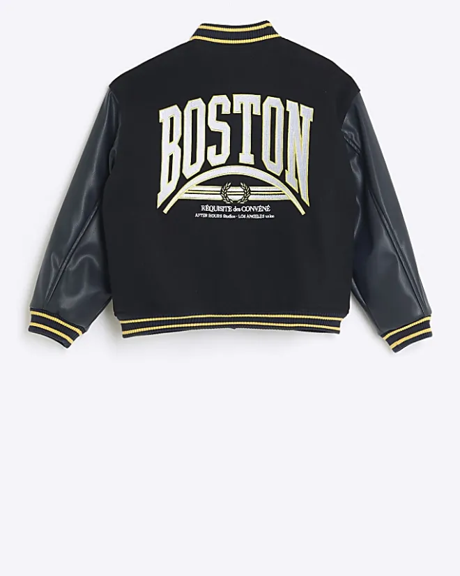 River Island Boys embroidered varsity bomber jacket Navy Fashion