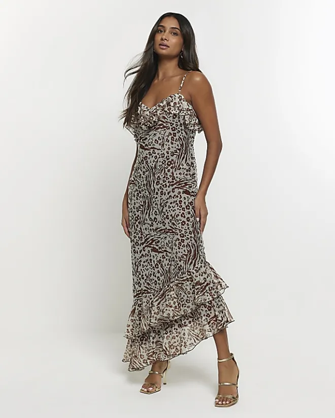 River Island animal print frill slip maxi dress Brown Fashion
