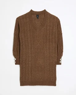 River Island cable knit jumper mini dress Brown Sale
