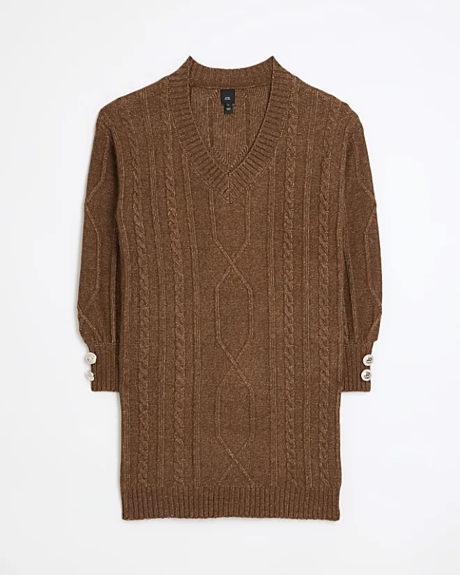 River Island cable knit jumper mini dress Brown Sale