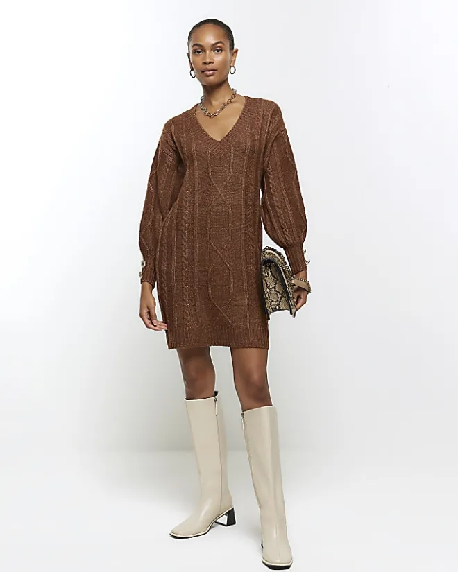 River Island cable knit jumper mini dress Brown Sale