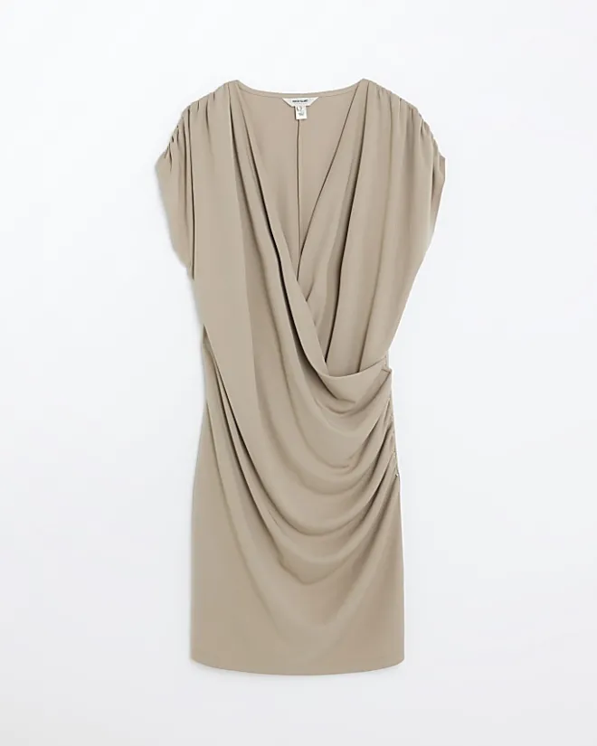 River Island drape wrap bodycon mini dress Brown Sale