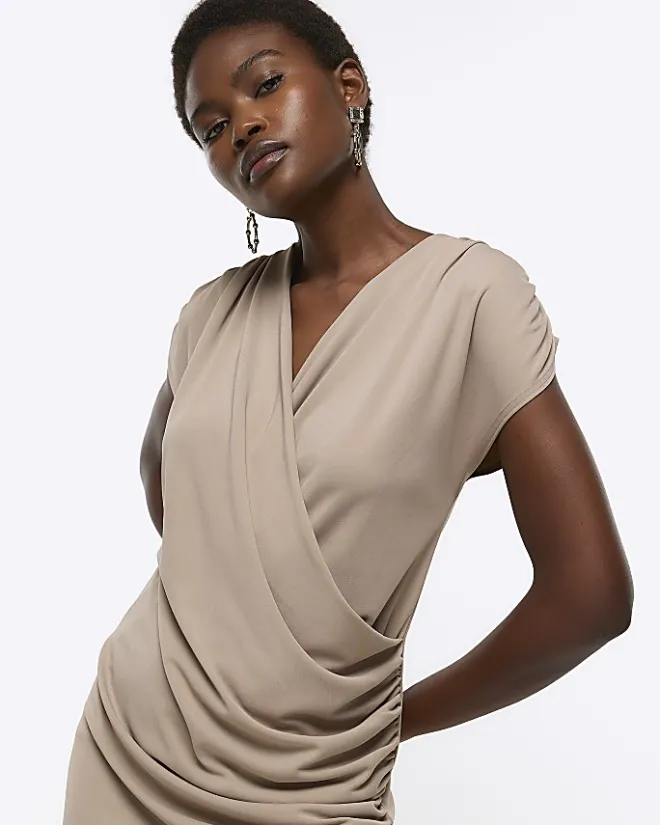 River Island drape wrap bodycon mini dress Brown Sale