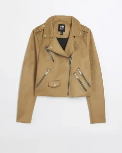 River Island faux suede Biker Jacket Brown Clearance