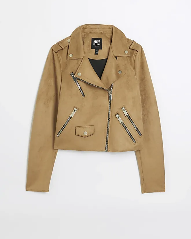 River Island faux suede Biker Jacket Brown Clearance
