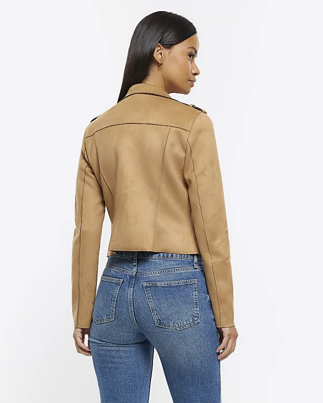 River Island faux suede Biker Jacket Brown Clearance