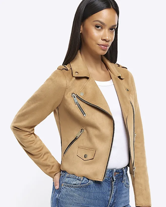 River Island faux suede Biker Jacket Brown Clearance