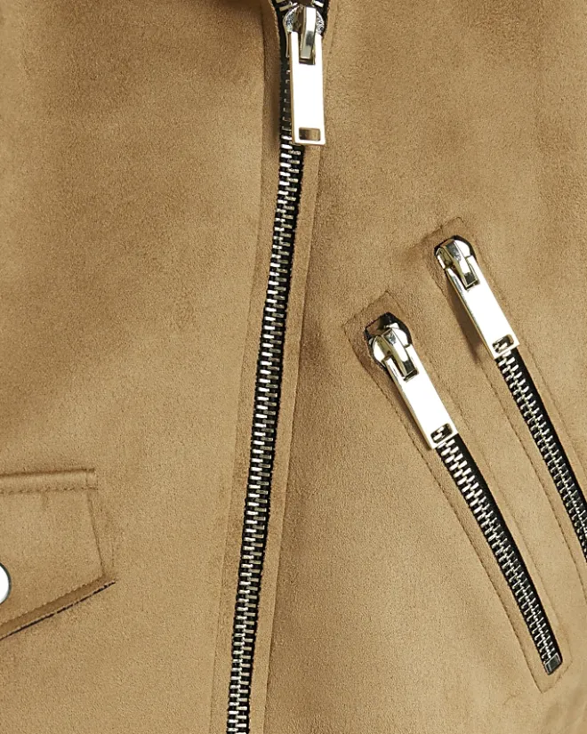 River Island faux suede Biker Jacket Brown Clearance