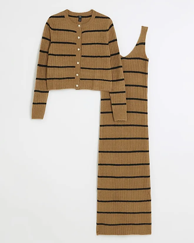 River Island knit stripe bodycon midi dress set Brown Sale