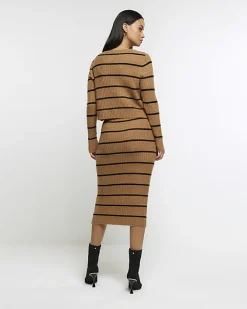 River Island knit stripe bodycon midi dress set Brown Sale