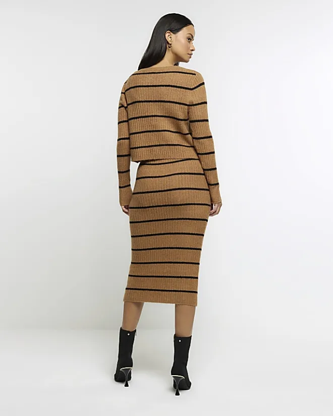 River Island knit stripe bodycon midi dress set Brown Sale