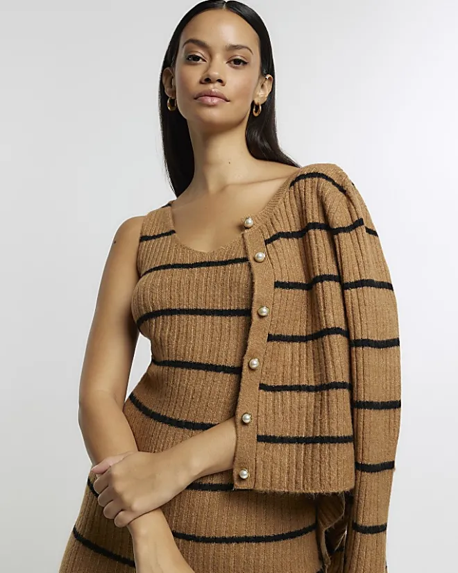 River Island knit stripe bodycon midi dress set Brown Sale