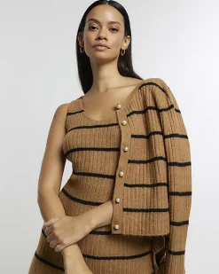 River Island knit stripe bodycon midi dress set Brown Sale