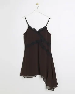 River Island lace trim asymmetric slip mini dress Brown Online