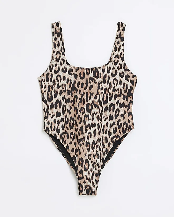 River Island leopard print scoop swimsuit Brown Discount