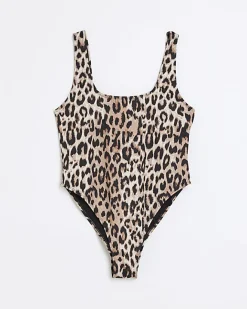 River Island leopard print scoop swimsuit Brown Discount