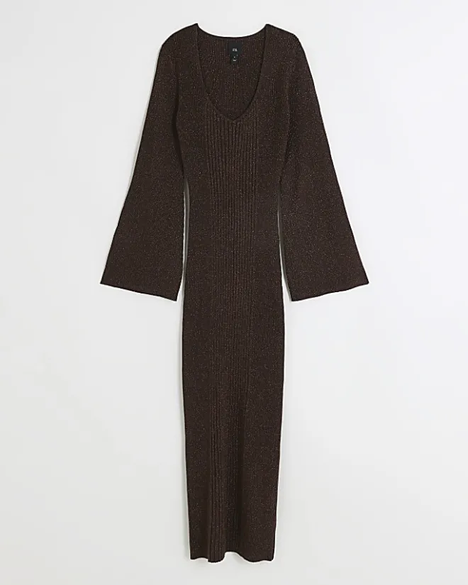 River Island long sleeve jumper midi dress Brown Outlet