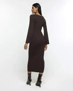 River Island long sleeve jumper midi dress Brown Outlet