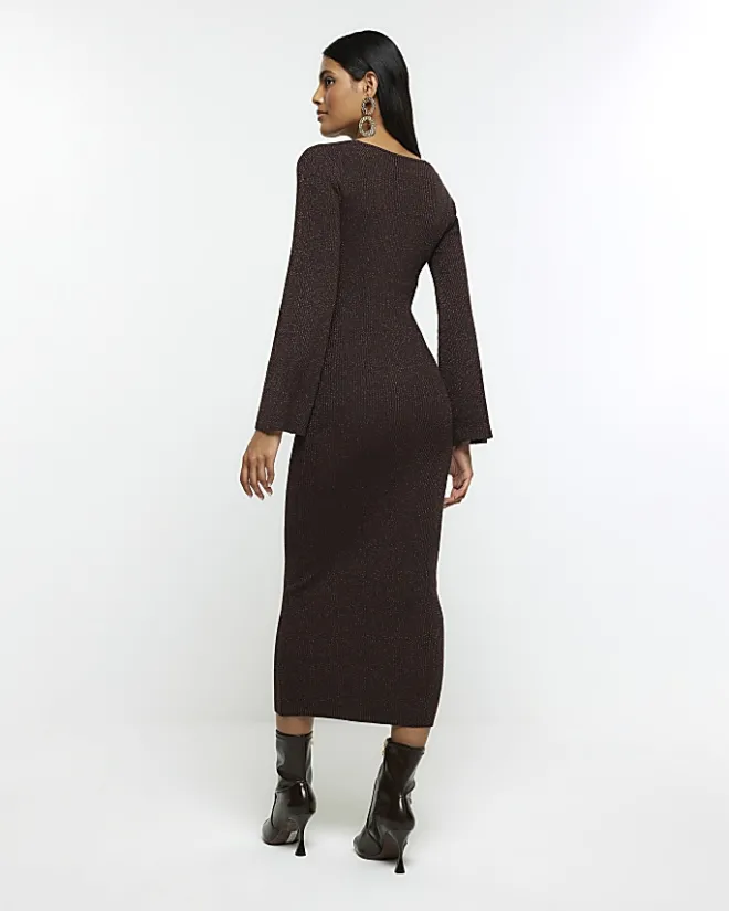 River Island long sleeve jumper midi dress Brown Outlet