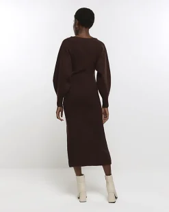 River Island long sleeve jumper midi dress Brown Online