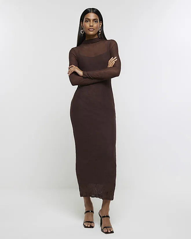 River Island mesh bodycon maxi dress Brown Sale