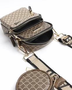 River Island monogram phone holder bag Brown Clearance