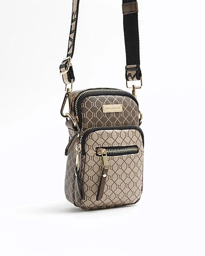River Island monogram phone holder bag Brown Clearance