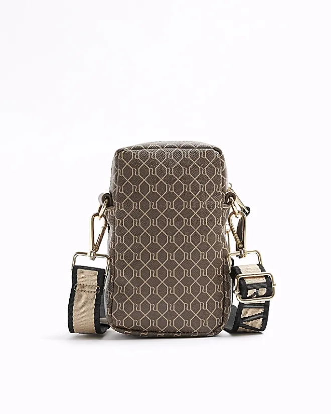 River Island monogram phone holder bag Brown Clearance