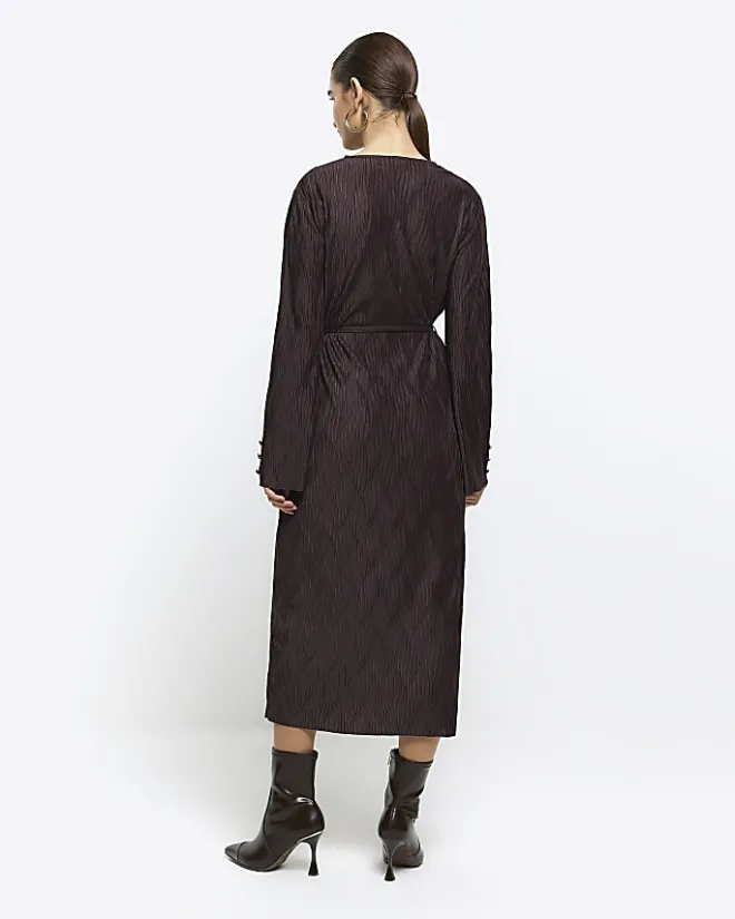 River Island plisse tie waist bodycon midi dress Brown Clearance