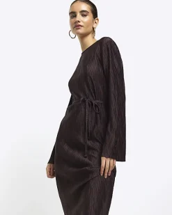 River Island plisse tie waist bodycon midi dress Brown Clearance