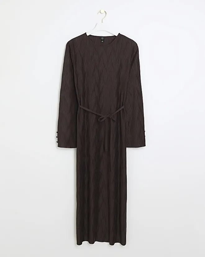 River Island plisse tie waist bodycon midi dress Brown Clearance