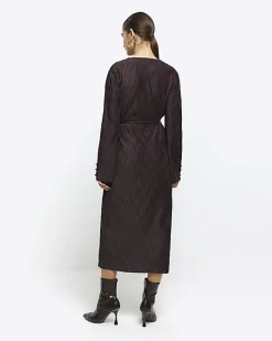 River Island plisse tie waist bodycon midi dress Brown Clearance