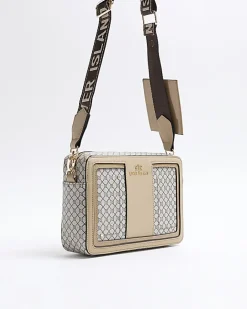 River Island RI monogram boxy cross body bag Brown Clearance