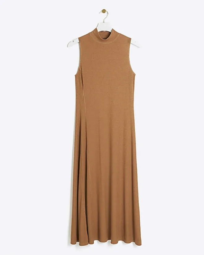 River Island rib high neck bodycon midi dress Brown New